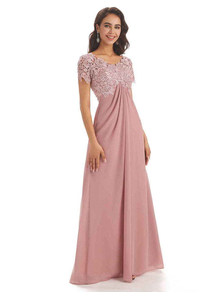 Elegant Chiffon Short Sleeves Lace Applique Floor-Length A-line Mother Of The Groom Dresses