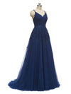 Navy Blue Lace A-line Spaghetti Straps V-neck Floor-length Long Party Prom Dresses