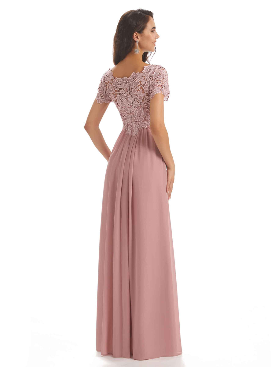 Elegant Chiffon Short Sleeves Lace Applique Floor-Length A-line Mother Of The Groom Dresses