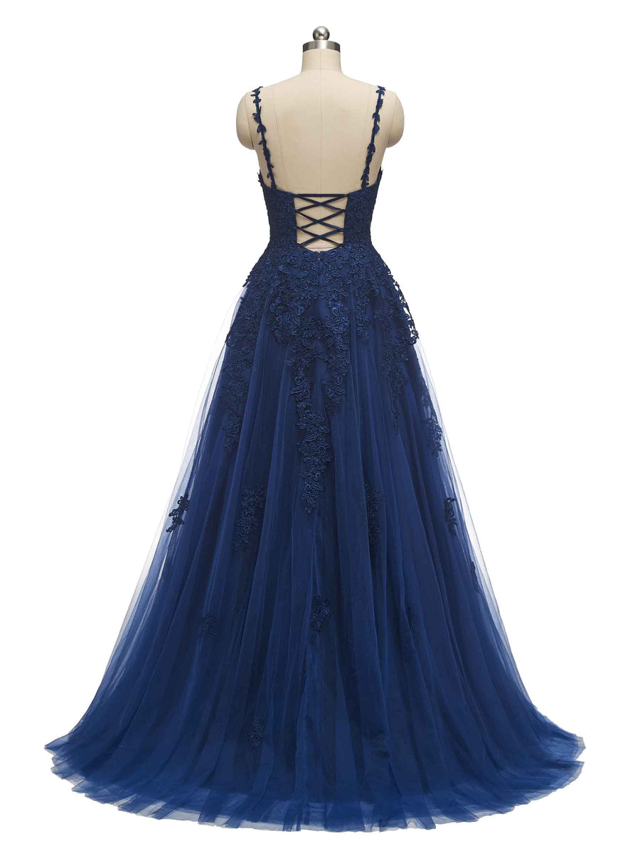 Navy Blue Lace A-line Spaghetti Straps V-neck Floor-length Long Party Prom Dresses