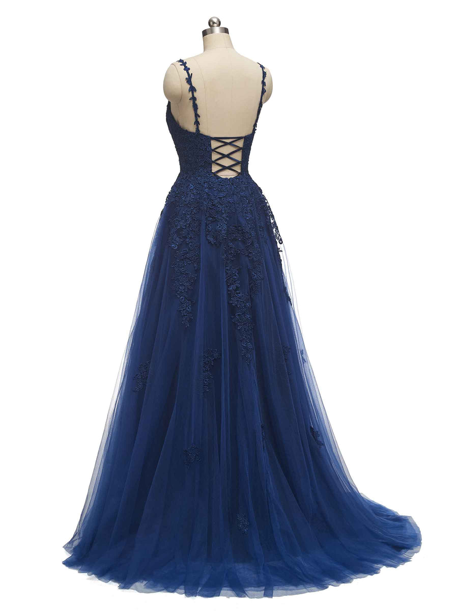 Navy Blue Lace A-line Spaghetti Straps V-neck Floor-length Long Party Prom Dresses