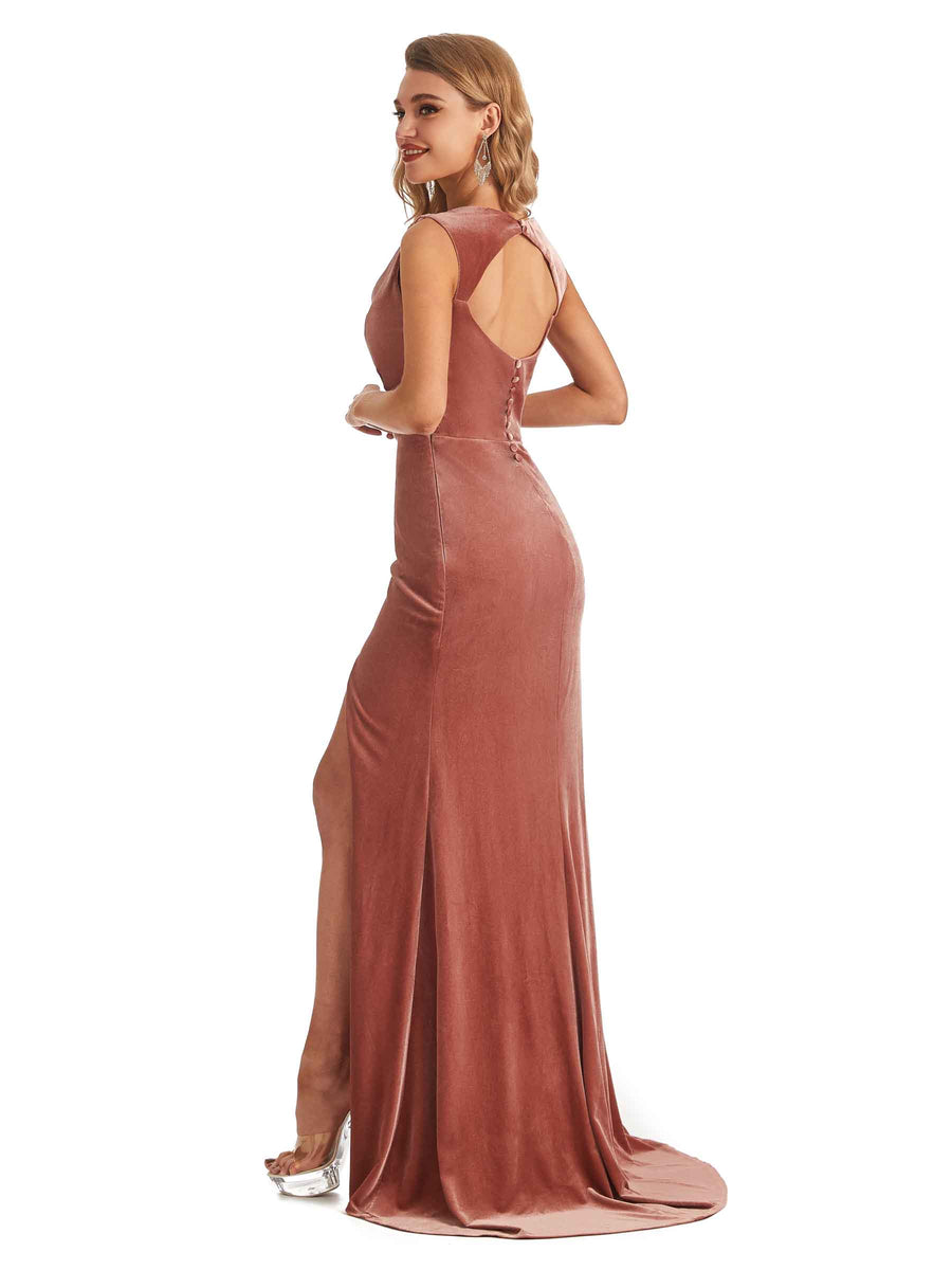 Sexy Open Back Mermaid Cowl Velvet Long Bridesmaid Dresses Online