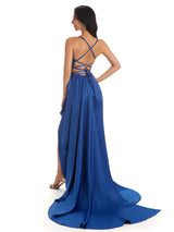 Sexy Spaghetti Straps Soft Satin Side Slit Pleats Unique Mermaid Bridesmaid Dresses