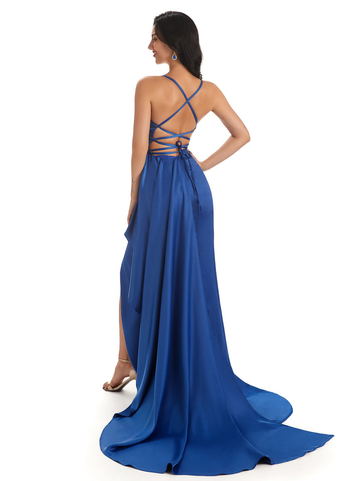 Sexy Spaghetti Straps Soft Satin Side Slit Pleats Unique Mermaid Bridesmaid Dresses