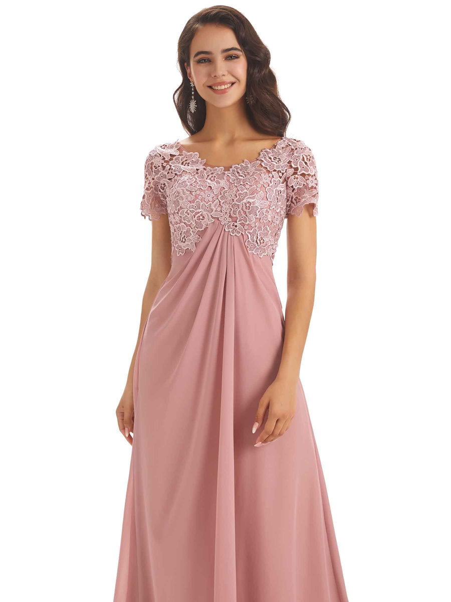 Elegant Chiffon Short Sleeves Lace Applique Floor-Length A-line Mother Of The Groom Dresses