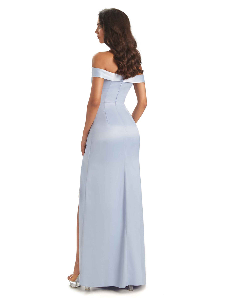 Sexy Soft Side Slit Off Shoulder V-Neck Long Satin Bridesmaid Dresses