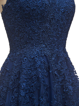 Navy Blue Lace A-line Spaghetti Straps V-neck Floor-length Long Party Prom Dresses