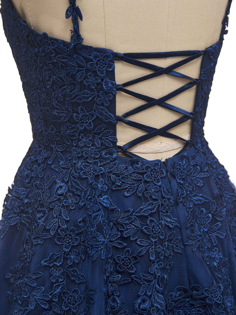 Navy Blue Lace A-line Spaghetti Straps V-neck Floor-length Long Party Prom Dresses