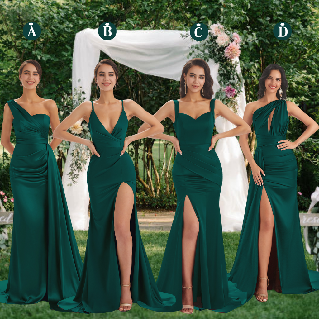 Mismatched Dark Green Sexy Side Slit Mermaid Soft Satin Long Bridesmai - ChicSew Mismatched Dark Green Sexy Side Slit Mermaid Soft Satin Long Bridesmai - ChicSew