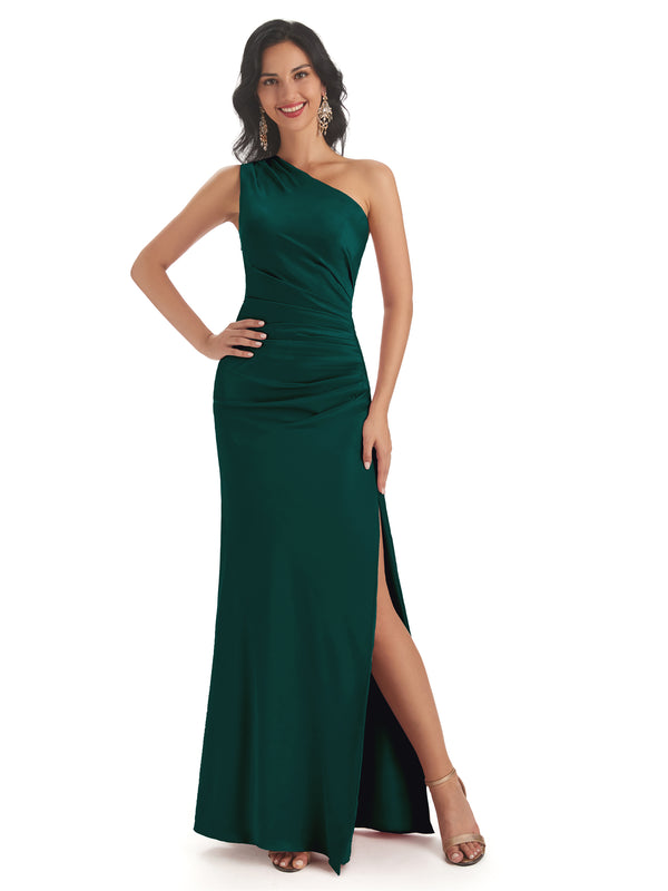 Sexy Side Slit One Shoulder Satin Mermaid Maxi Bridesmaid Dresses Gown ...