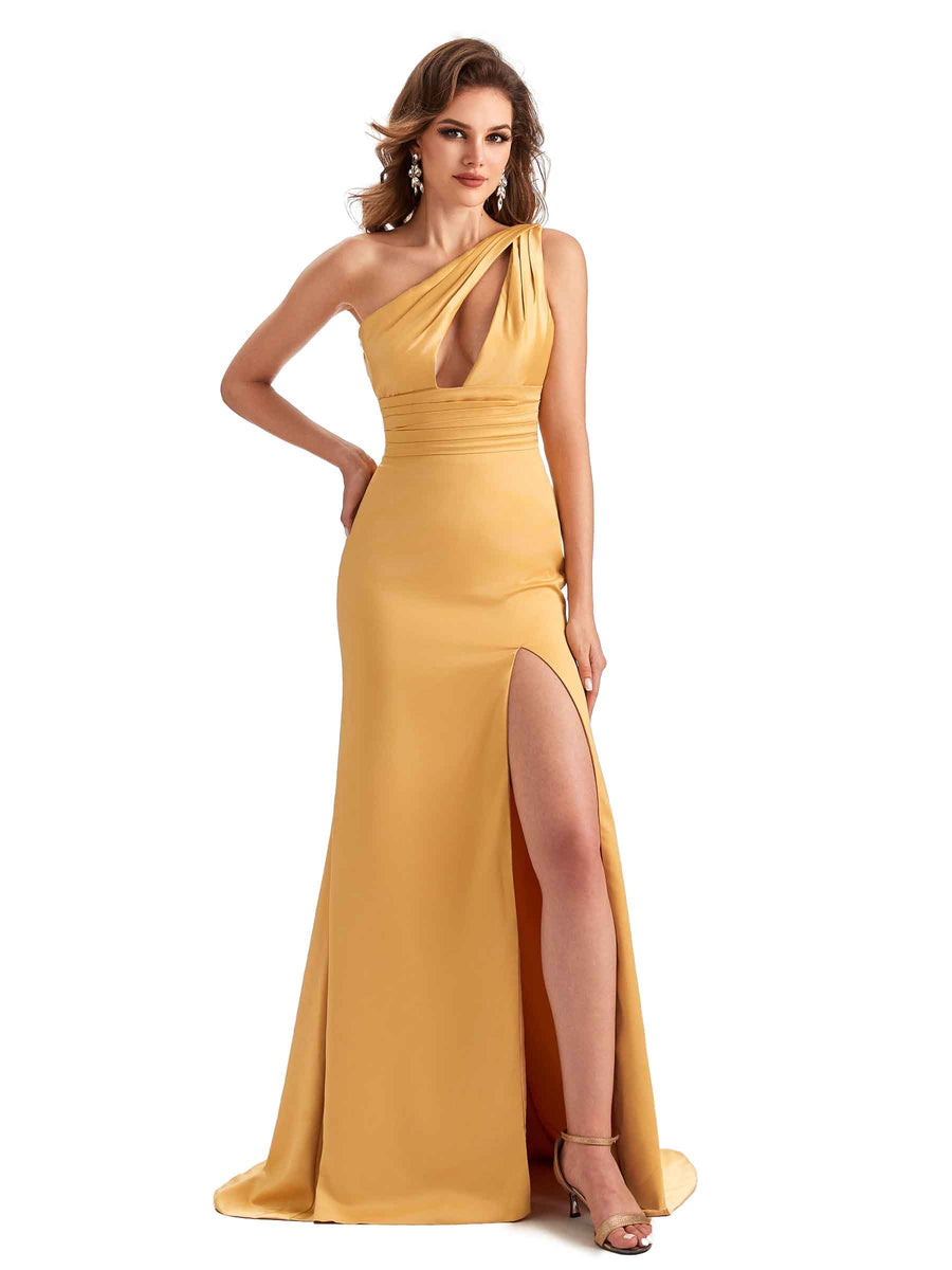 Sexy Side Slit Mermaid Silky Satin One Shoulder Unique Long Bridesmaid Dresses