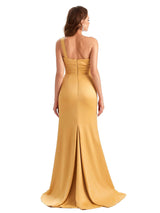 Sexy Side Slit Mermaid Silky Satin One Shoulder Unique Long Bridesmaid Dresses