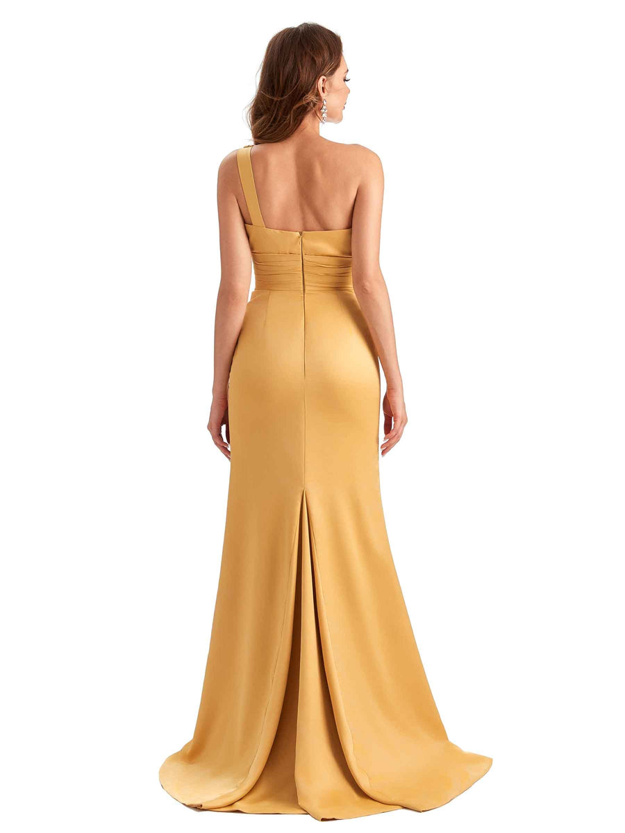 Sexy Side Slit Mermaid Silky Satin One Shoulder Unique Long Bridesmaid Dresses