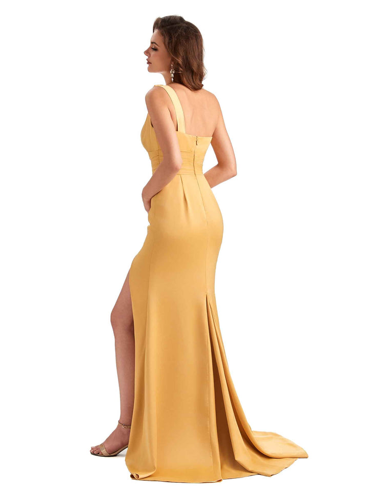 Sexy Side Slit Mermaid Silky Satin One Shoulder Unique Long Bridesmaid Dresses