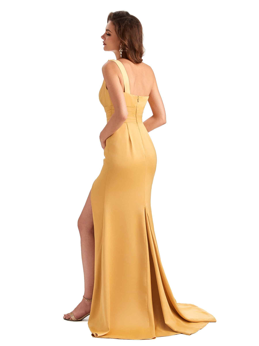 Sexy Side Slit Mermaid Silky Satin One Shoulder Unique Long Bridesmaid Dresses