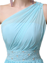 A-line Chiffon One Shoulder Floor-Length Long Bridesmaid Dresses with Beads