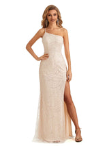 Sexy Side Slit Champagne Spaghetti Strap One Shoulder Long Formal Prom Dresses