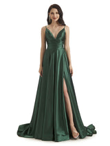 Sexy Soft Satin Side Slit Spaghetti Straps Long Bridesmaid Dresses Online