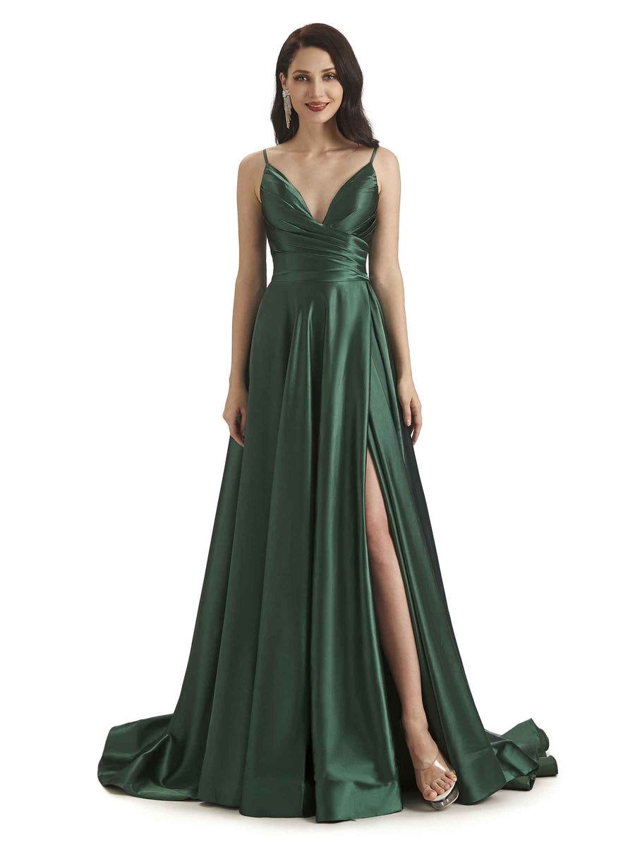 Sexy Soft Satin Side Slit Spaghetti Straps Long Bridesmaid Dresses in stock