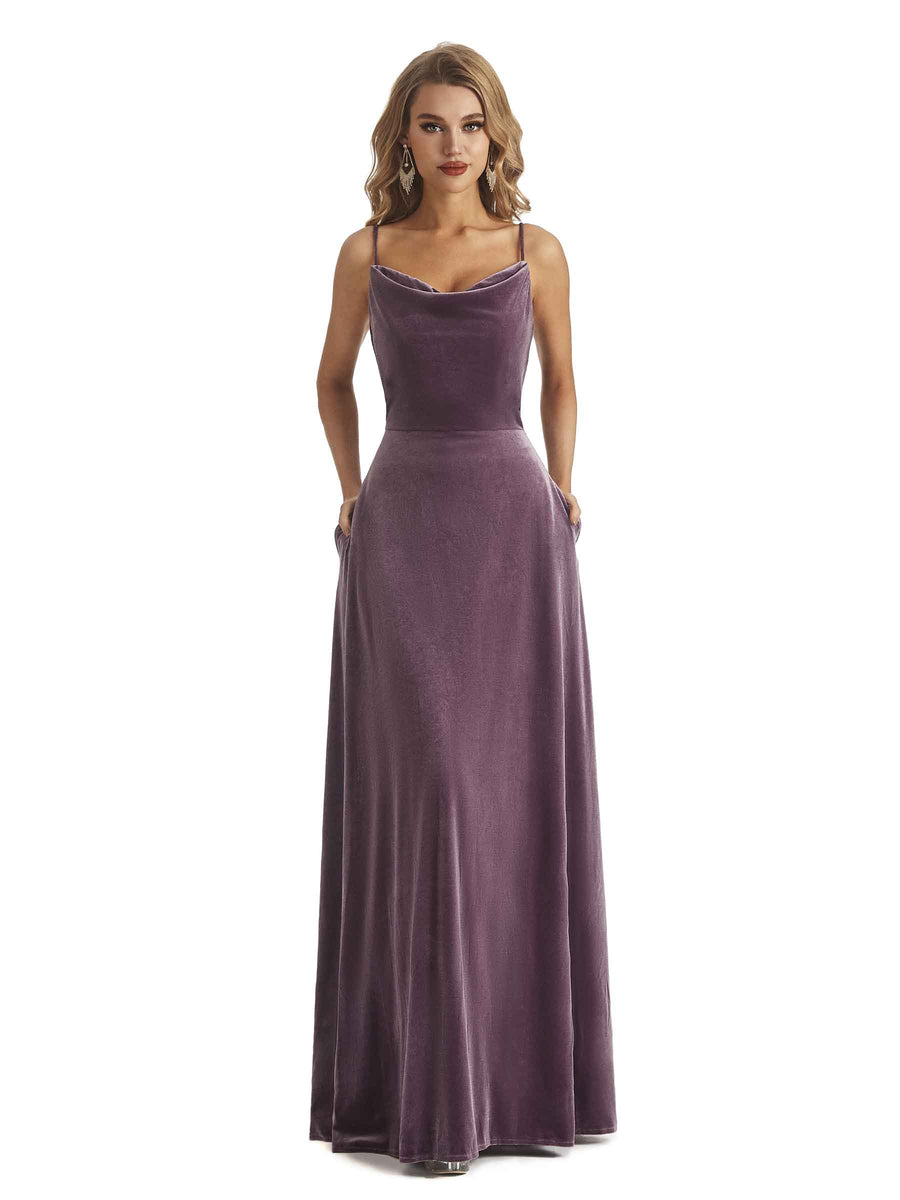 Elegant A-line Spaghetti Straps Velvet Long Bridesmaid Dresses Online