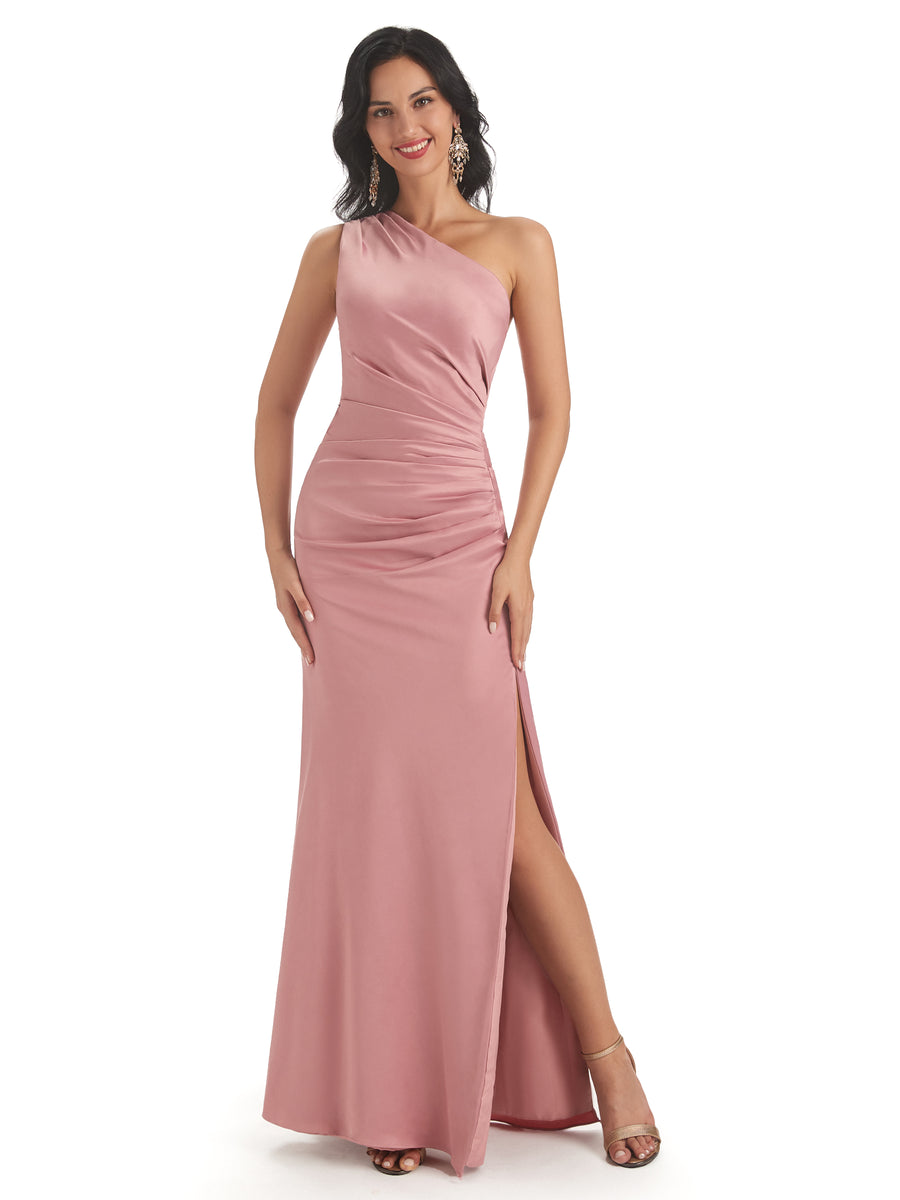Sexy Side Slit One Shoulder Satin Mermaid Maxi Bridesmaid Dresses Gown