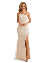 Sexy Side Slit Champagne Spaghetti Strap One Shoulder Long Formal Prom Dresses