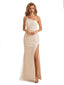 Sexy Side Slit Champagne Spaghetti Strap One Shoulder Long Formal Prom Dresses