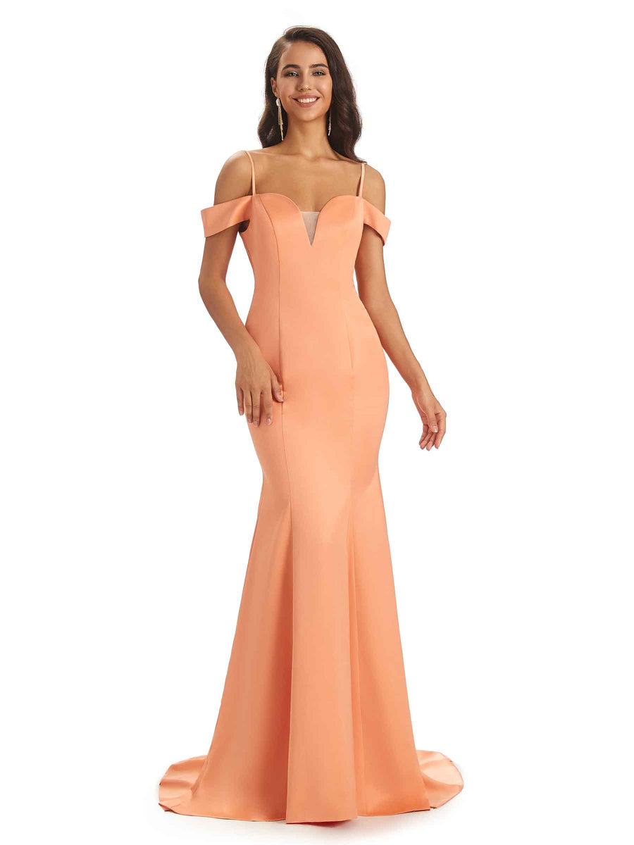 Elegant Cold Shoulder Soft Satin Long Mermaid Bridesmaid Dresses Online