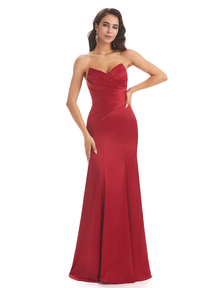 Simple Strapless Sweetheart Soft Satin Mermaid Long Bridesmaid Dresses