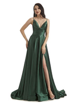Sexy Soft Satin Side Slit Spaghetti Straps Long Bridesmaid Dresses Online
