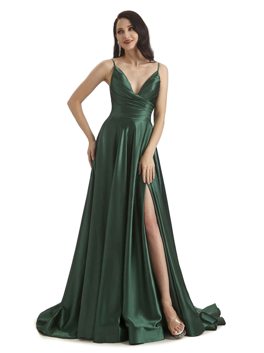 Sexy Soft Satin Side Slit Spaghetti Straps Long Bridesmaid Dresses in stock