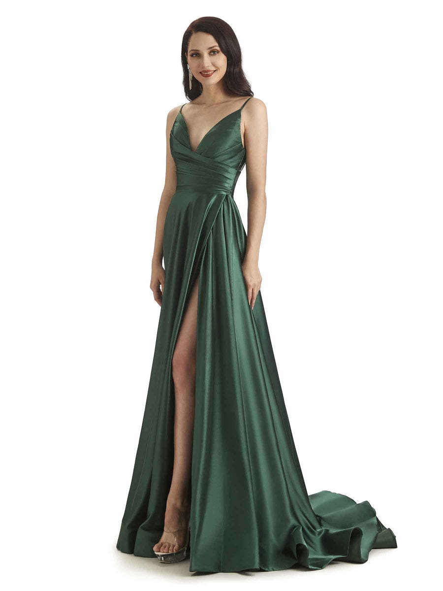 Sexy Soft Satin Side Slit Spaghetti Straps Long Bridesmaid Dresses in stock