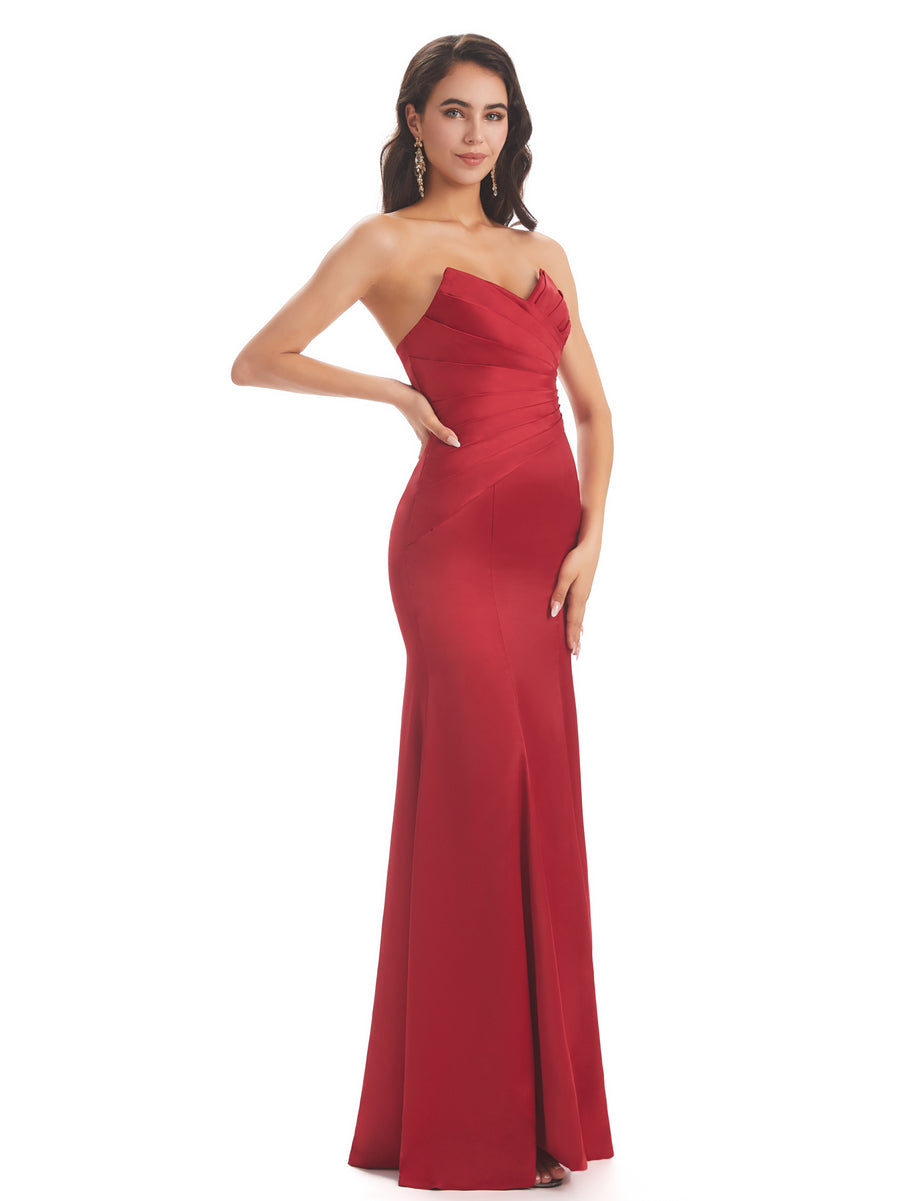 Simple Strapless Sweetheart Soft Satin Mermaid Long Bridesmaid Dresses