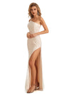 Sexy Side Slit Champagne Spaghetti Strap One Shoulder Long Formal Prom Dresses