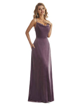 Elegant Mermaid Cowl Neck Spaghetti Straps Velvet Long Wedding Guest Dresses With Pocket