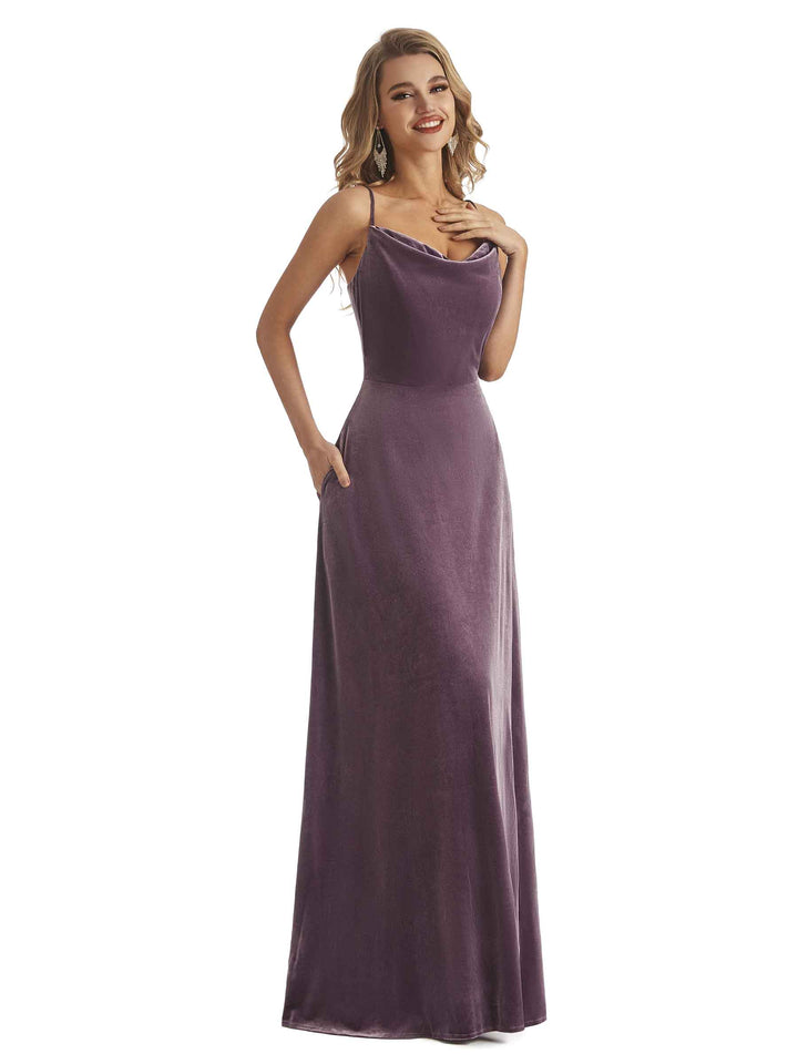 Elegant Mermaid Cowl Neck Spaghetti Straps Velvet Long Wedding Guest Dresses With Pocket