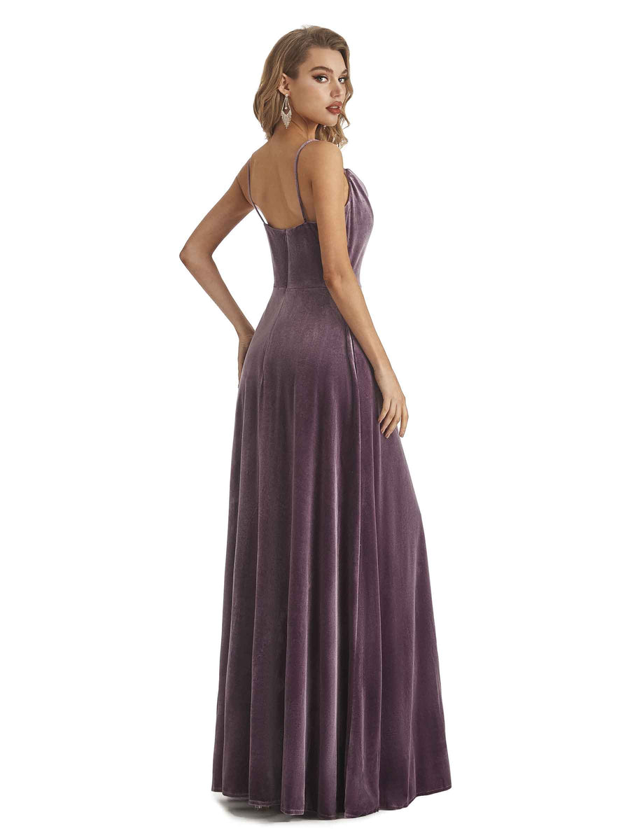 Elegant A-line Spaghetti Straps Velvet Long Bridesmaid Dresses Online