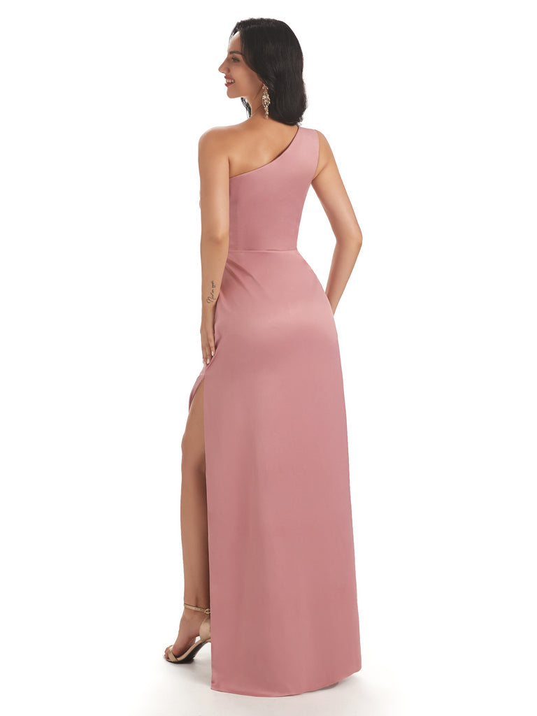 Sexy Side Slit One Shoulder Soft Satin Mermaid Floor Length Bridesmaid Dresses Gown
