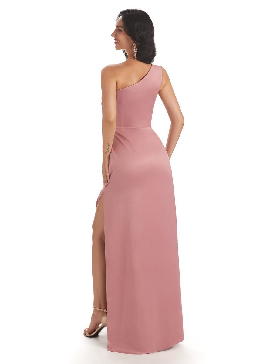 Sexy Side Slit One Shoulder Satin Mermaid Maxi Bridesmaid Dresses Gown For Wedding