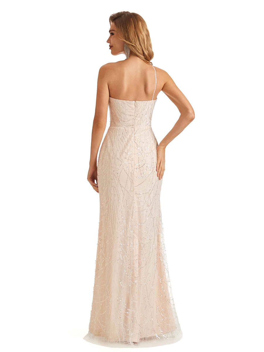 Sexy Side Slit Champagne Spaghetti Strap One Shoulder Long Formal Prom Dresses