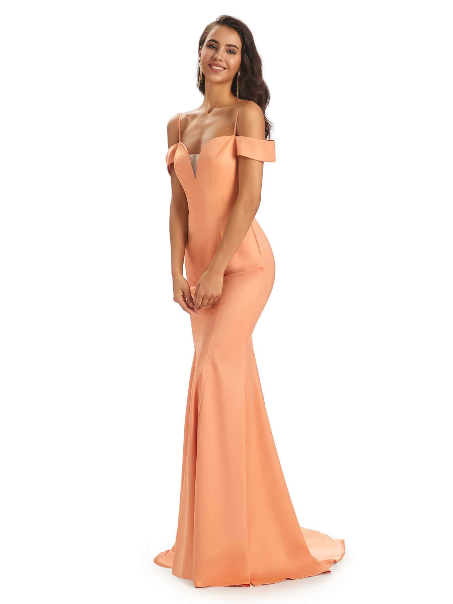 Elegant Cold Shoulder Soft Satin Long Mermaid Bridesmaid Dresses Online