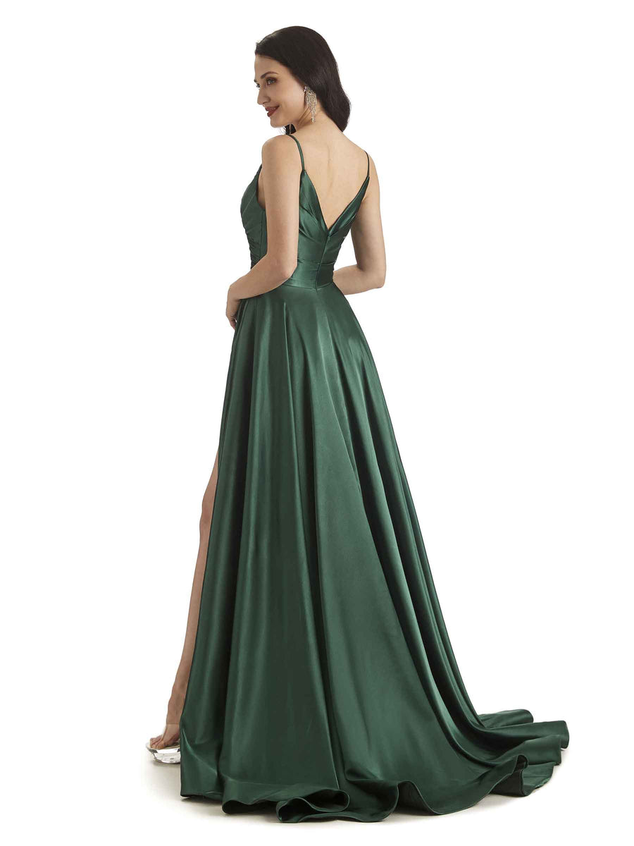 Sexy Soft Satin Side Slit Spaghetti Straps Long Bridesmaid Dresses in stock