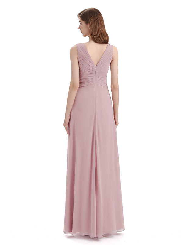 Simple V-neck Chiffon Floor-Length Long Bridesmaid Dresses
