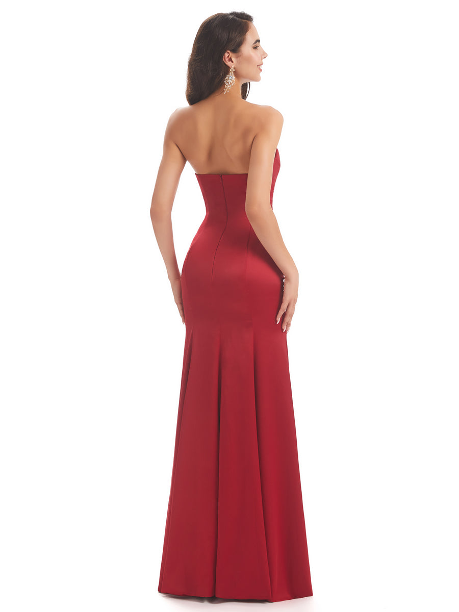 Simple Strapless Sweetheart Soft Satin Mermaid Long Bridesmaid Dresses
