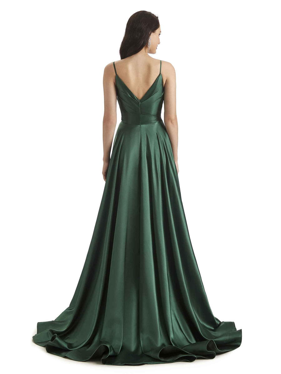 Sexy Soft Satin Side Slit Spaghetti Straps Long Bridesmaid Dresses in stock