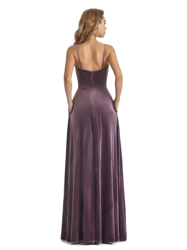 Elegant Mermaid Cowl Neck Spaghetti Straps Velvet Long Wedding Guest Dresses With Pocket