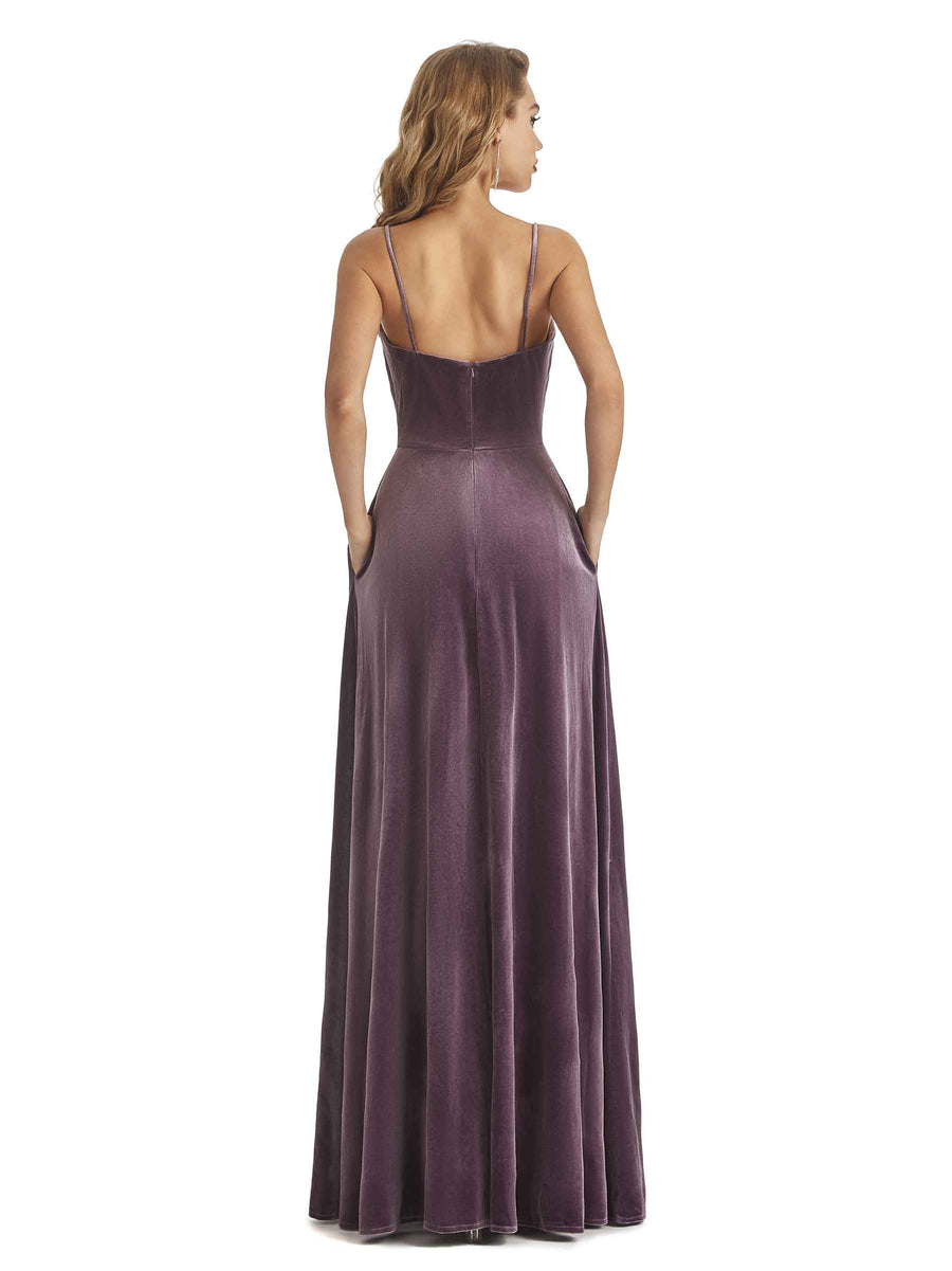 Elegant A-line Spaghetti Straps Velvet Long Bridesmaid Dresses Online