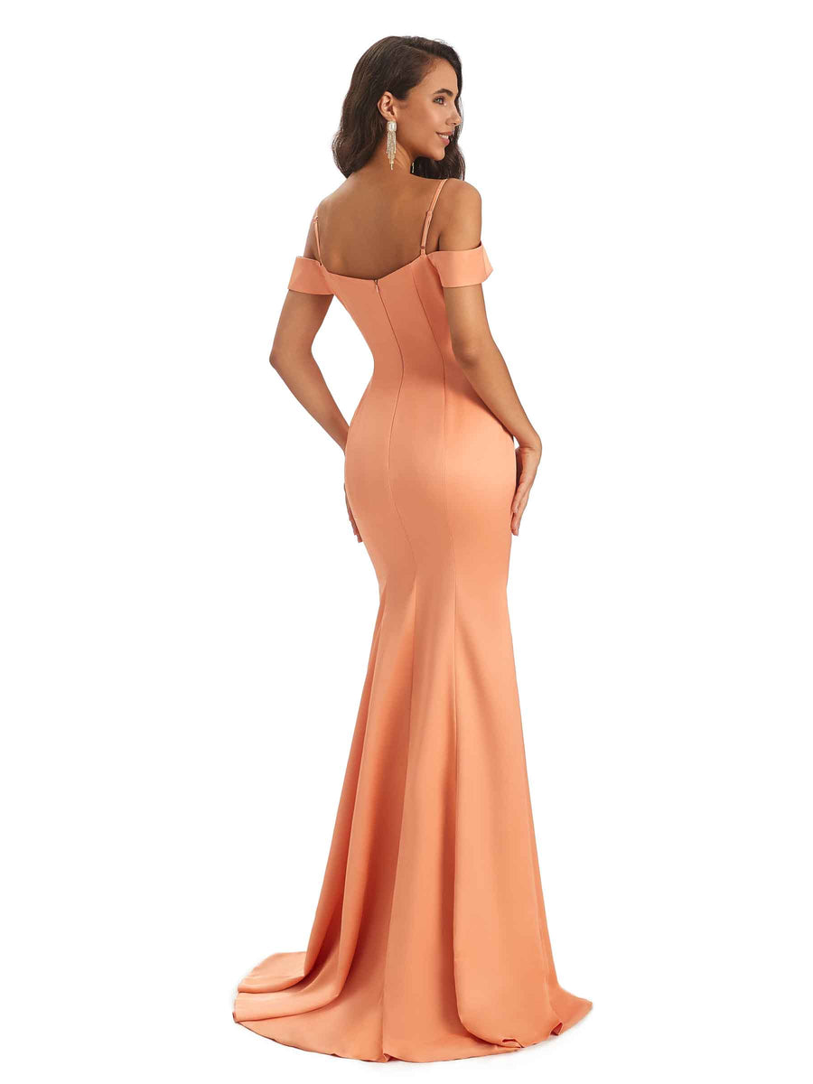 Elegant Cold Shoulder Soft Satin Long Mermaid Bridesmaid Dresses Online