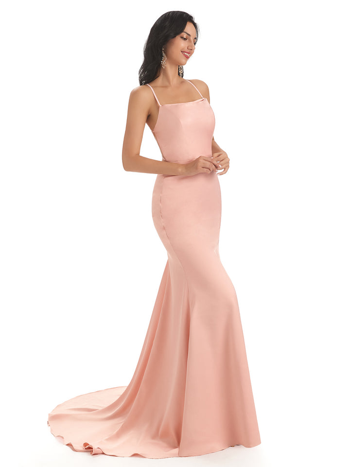 Sexy Backless Spaghetti Straps Soft Satin Long Maxi Mermaid Bridesmaid Dresses