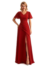 Elegant Chiffon Short Sleeves Side Slit Lace Long Mother of The Brides Dresses